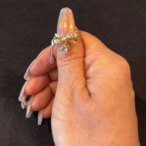 14K Gold Plated Ribbon Bow Diamond Charm Ring - Picture 3 of 9